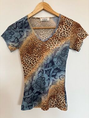 Y2K A. Byer leopard print top with mesh v neck rough edge sleeves Size S